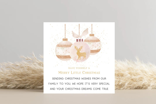 Rose Gold Reindeer Santa Claus Bauble Christmas Card