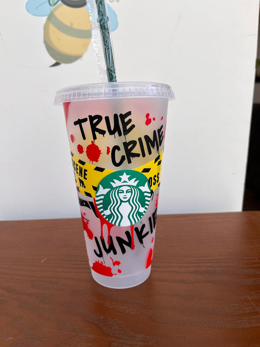 True Crime Junkie Reusable  Cold Cup | Crime Scene Design | Blood Hand Prints | Horror