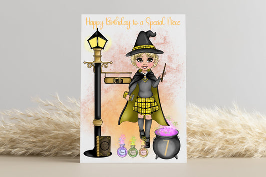 Personalised Wizard School Girl in Yellow Uniform Birthday Card - Customised look