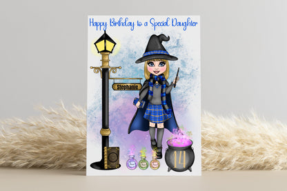 Personalised Wizard School Girl in Blue Uniform Birthday Card - Customised look