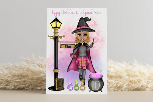 Personalised Wizard School Girl in Pink Uniform Birthday Card - Customised look