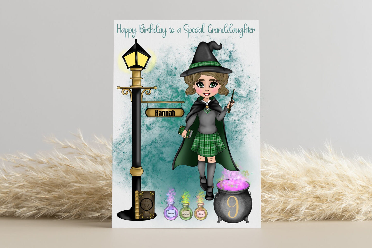 Personalised Wizard School Girl in Green Uniform Birthday Card - Customised look